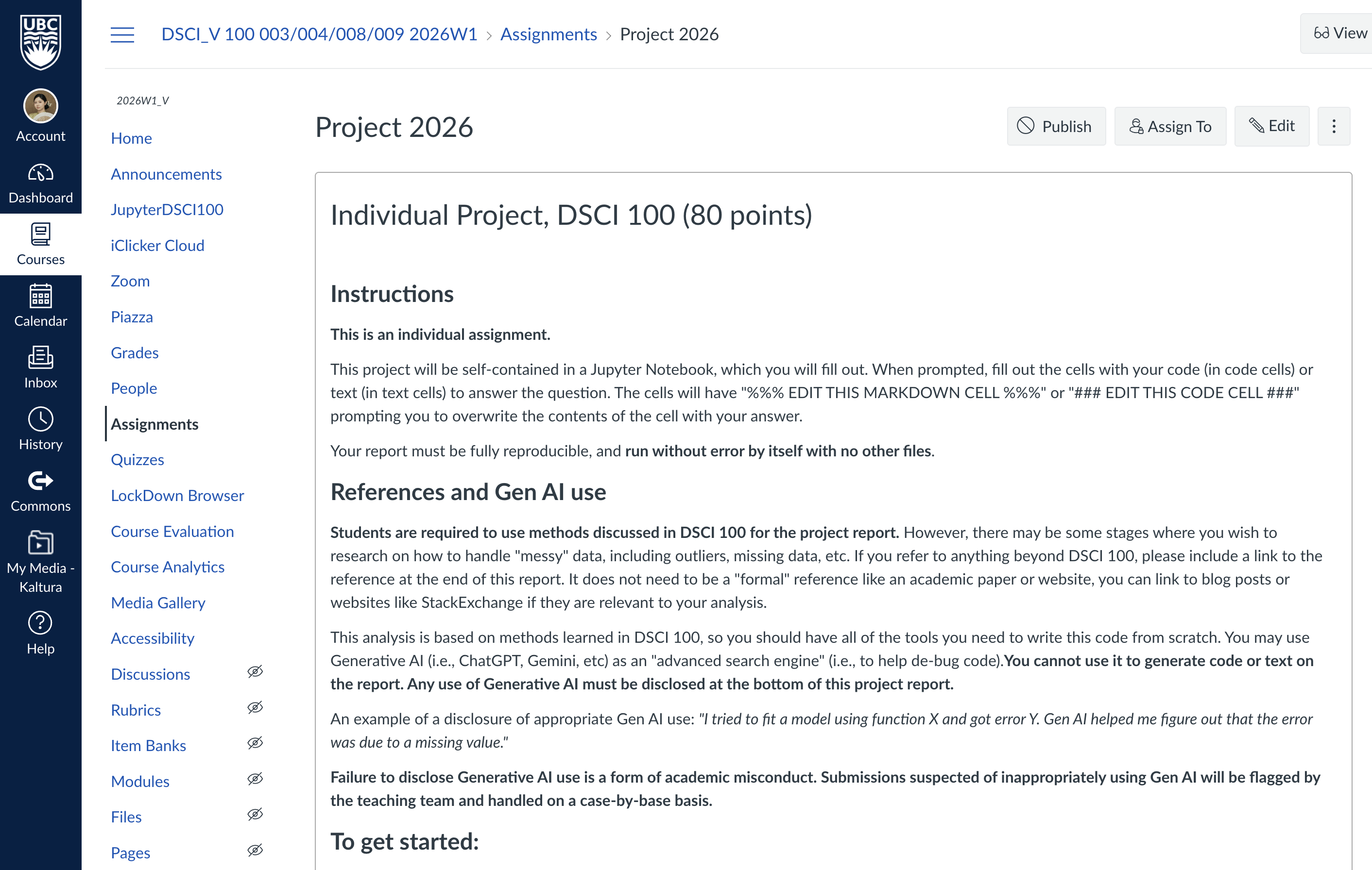 The project assignment details on Canvas.