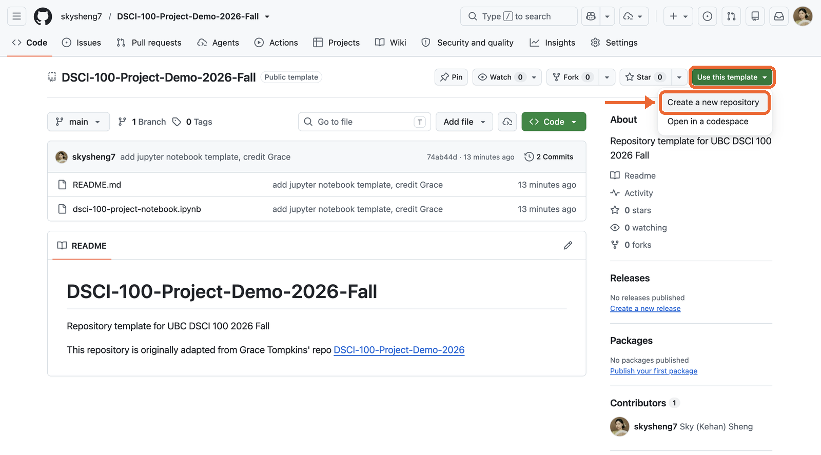The project template on GitHub, with Use this template and Create a new repository highlighted.