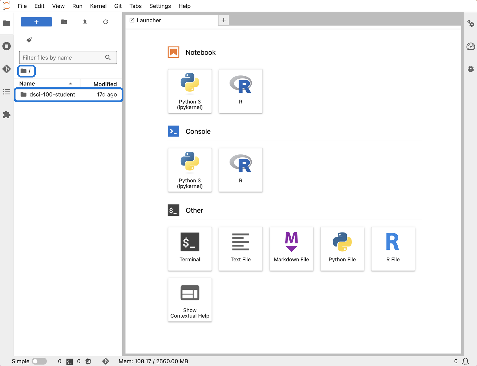 JupyterHub's file browser at the top folder, showing the dsci-100-student folder.