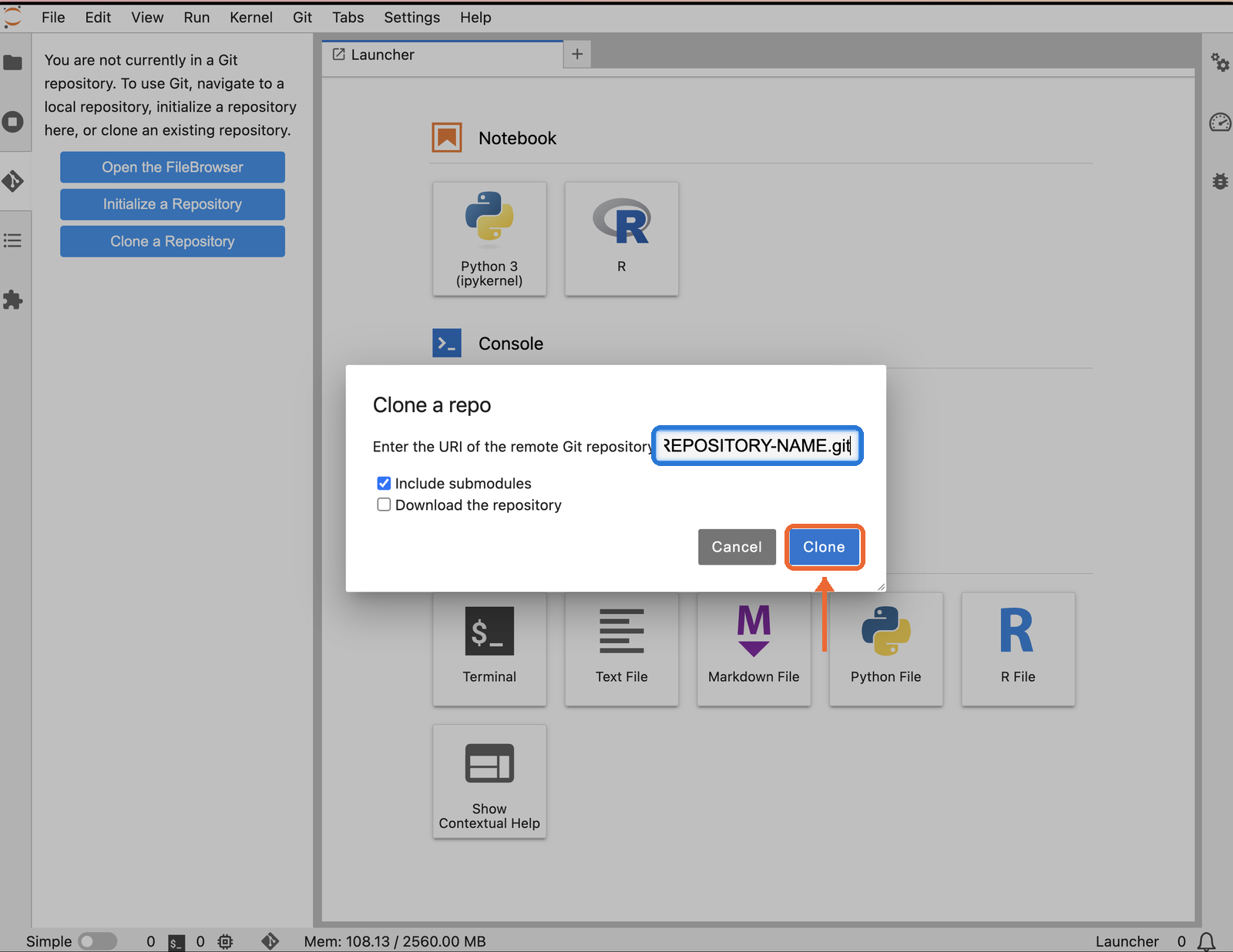 The Clone a repo window, with the address box and the Clone button highlighted.