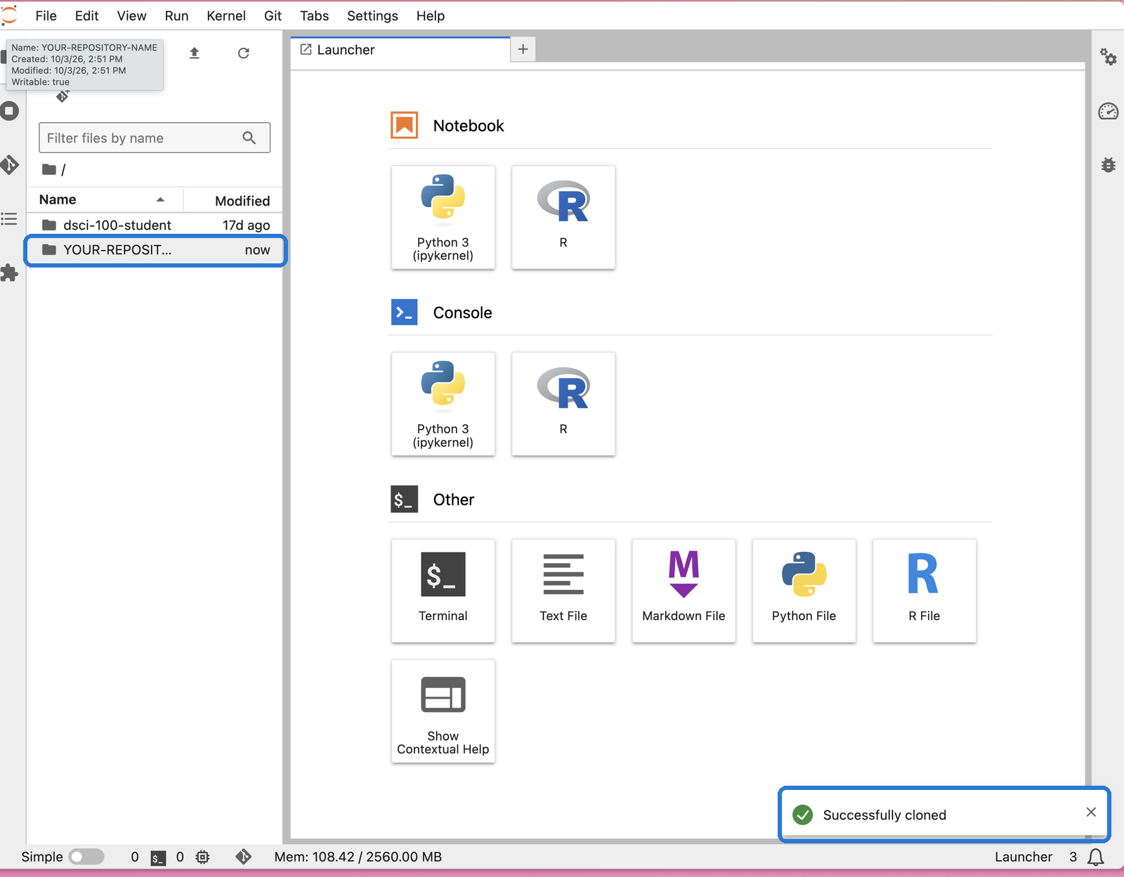 JupyterHub showing a Successfully cloned message and the new repository folder in the file browser.