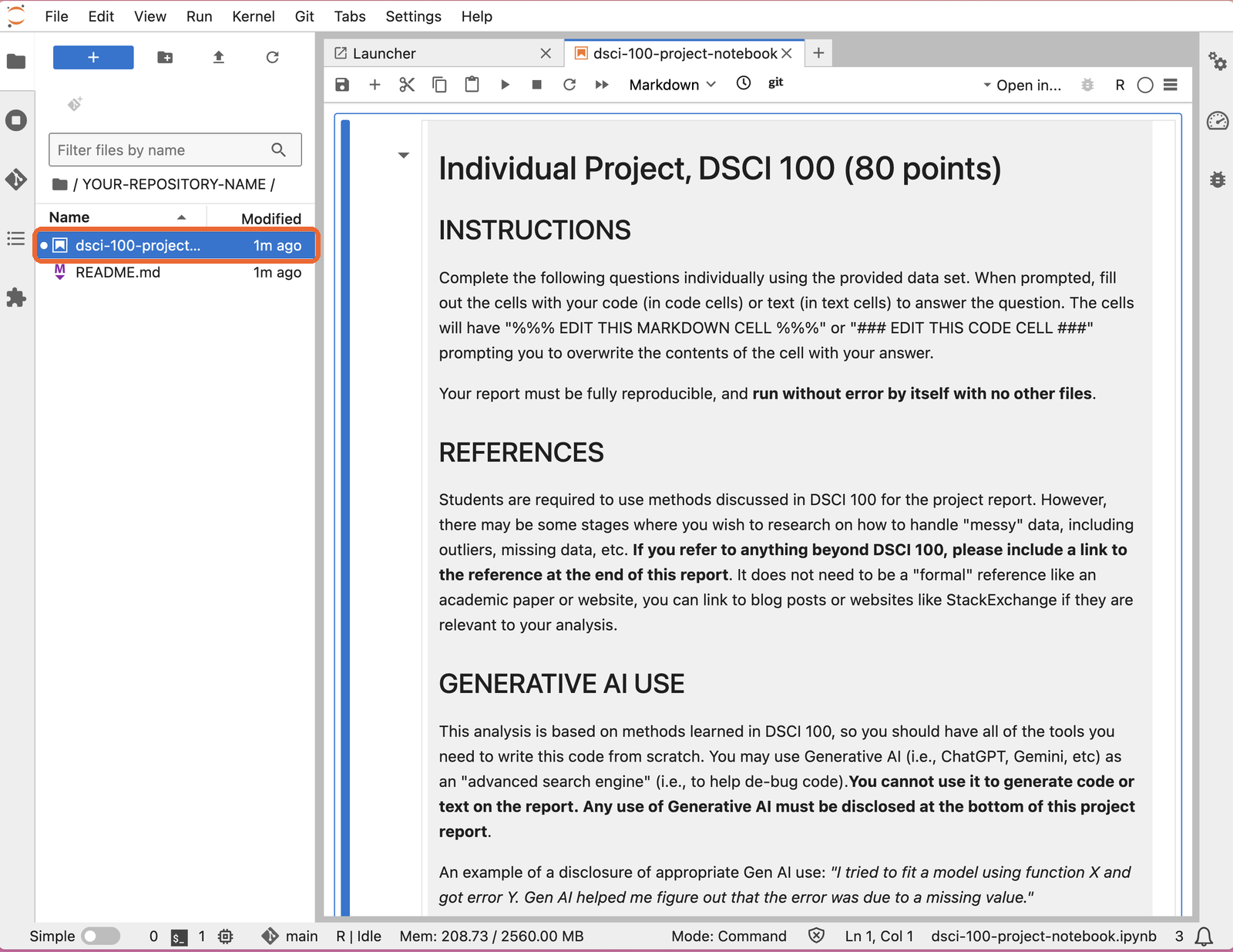 The repository folder open in JupyterHub, with the project notebook highlighted.