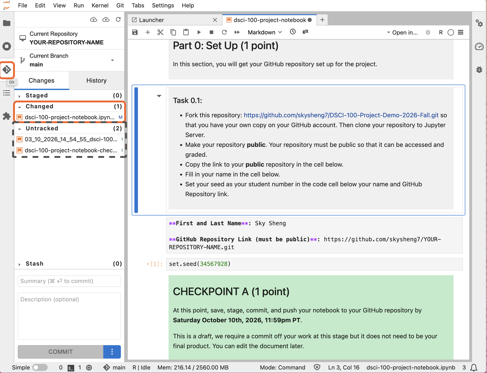 The Git tab in JupyterHub, with the Changed section highlighted and the Untracked section marked as one to ignore.