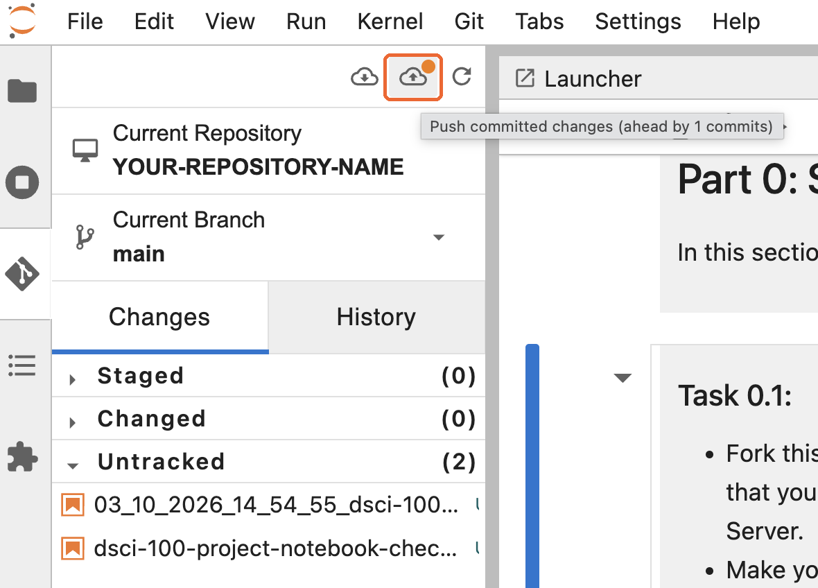 The Git tab in JupyterHub, with the push button highlighted and a tooltip saying Push committed changes, ahead by 1 commits.
