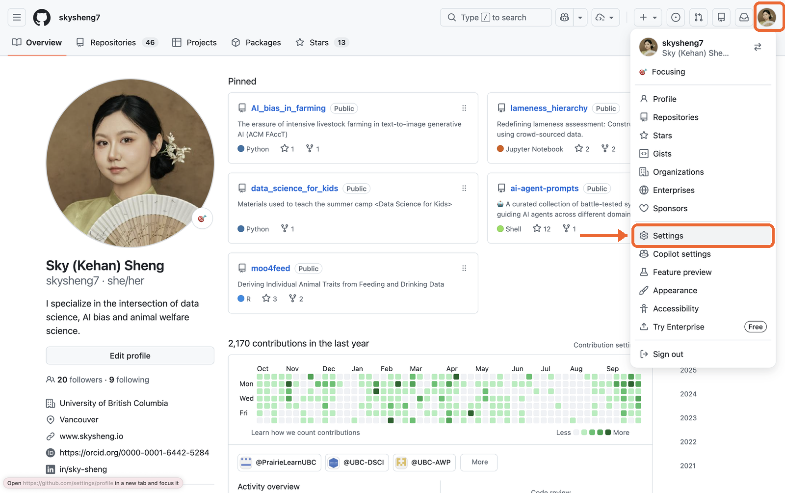 A GitHub profile page with the profile picture menu open and Settings highlighted.