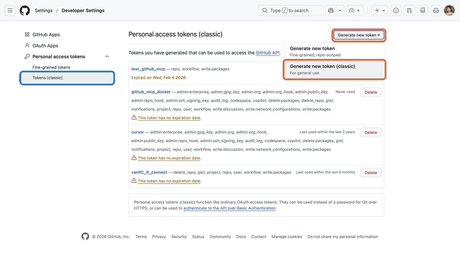 The Personal access tokens page, with Tokens classic, Generate new token and Generate new token classic highlighted.