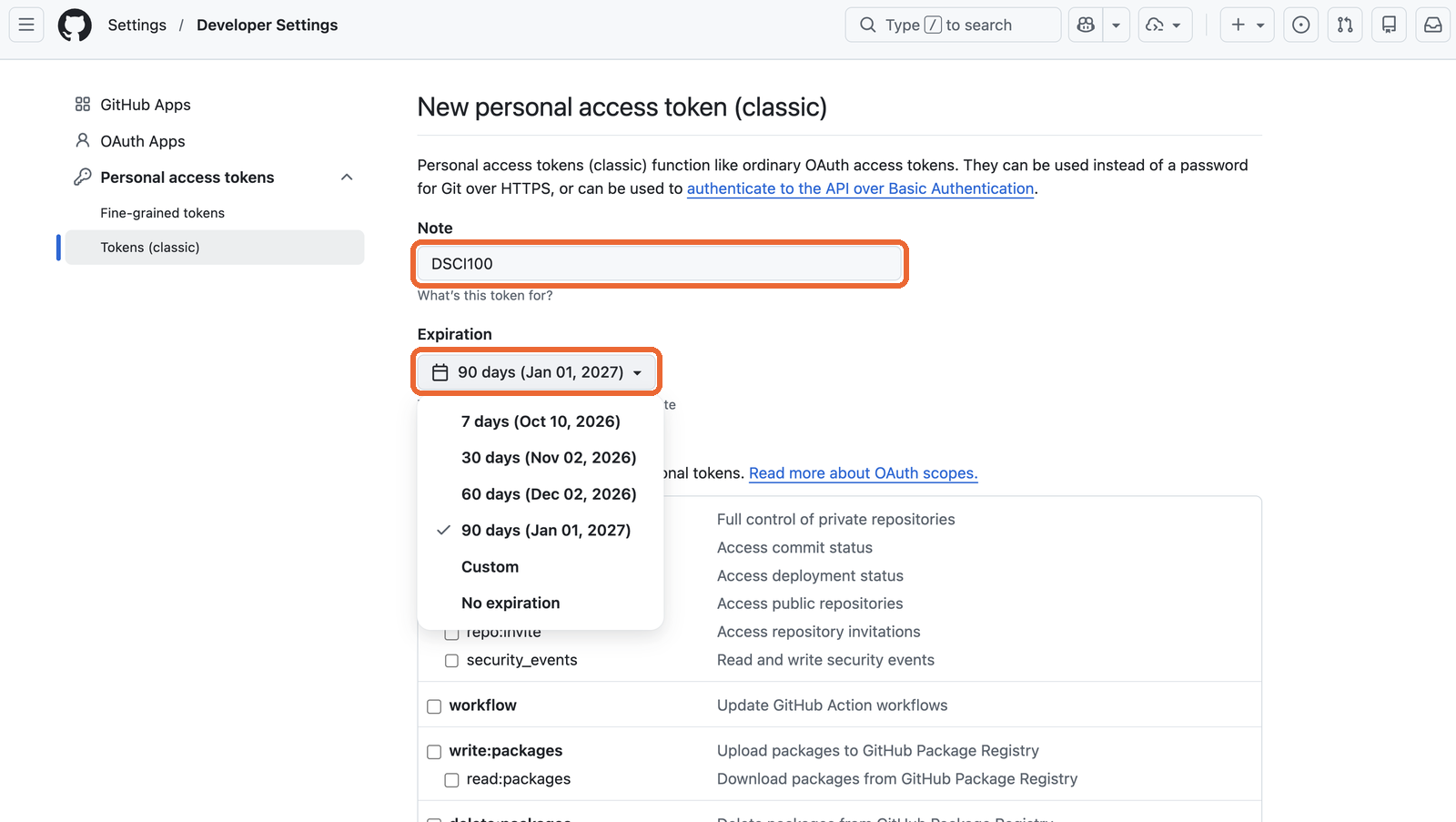 The New personal access token form, with the Note box and the Expiration menu set to 90 days highlighted.