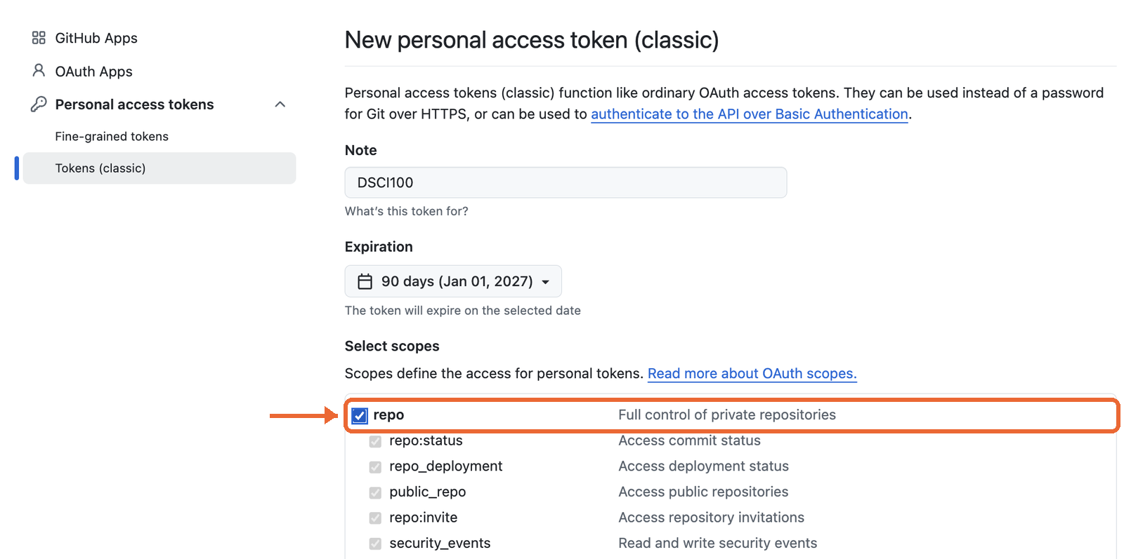 The list of token scopes, with the repo box highlighted.