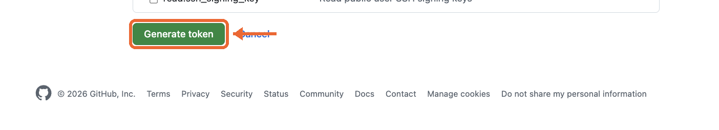 The bottom of the token form, with the Generate token button highlighted.