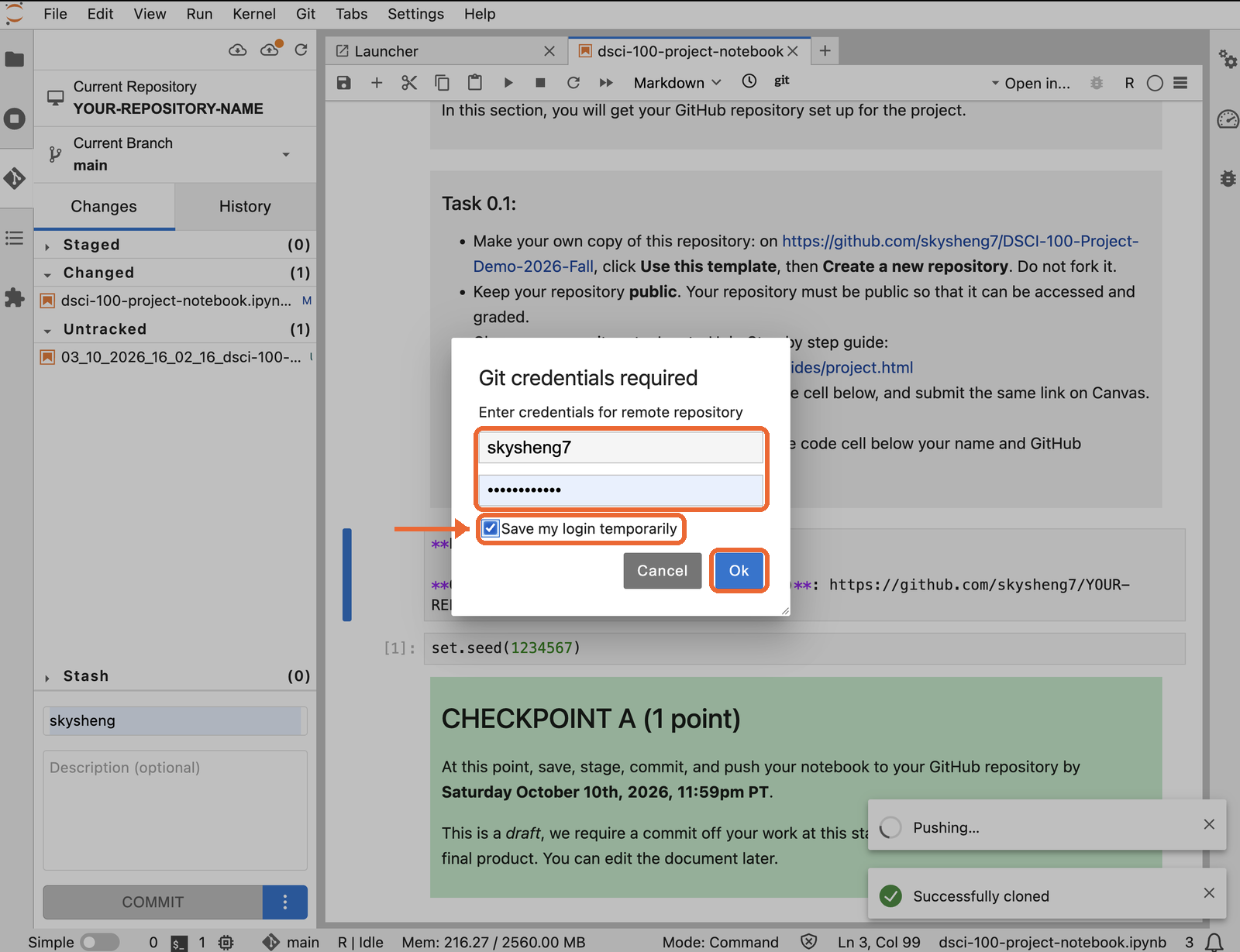 The Git credentials window filled in with the GitHub username skysheng7 and a hidden token, with Save my login temporarily ticked and the Ok button highlighted.