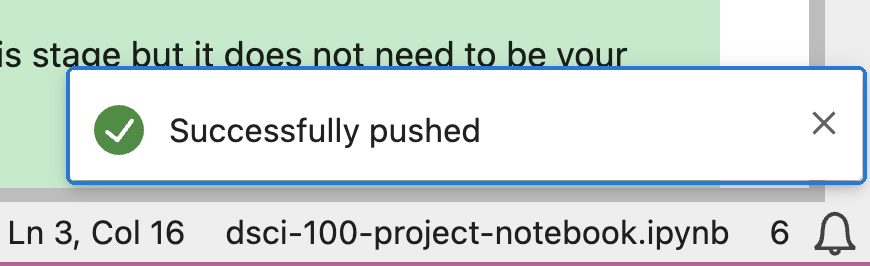 A Successfully pushed message in JupyterHub.