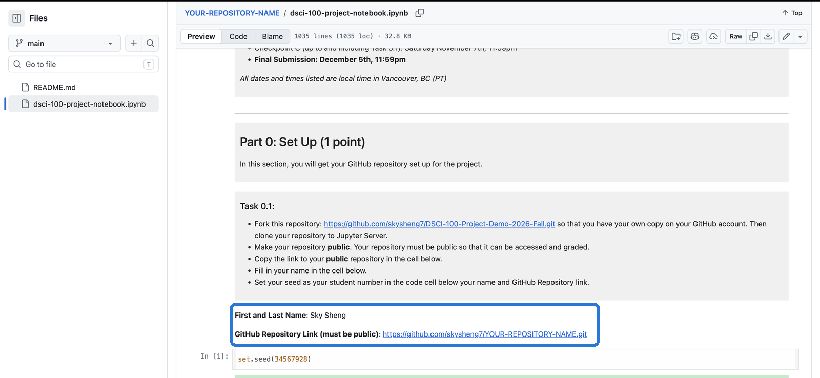 The notebook on GitHub, with the filled in name and repository link highlighted.