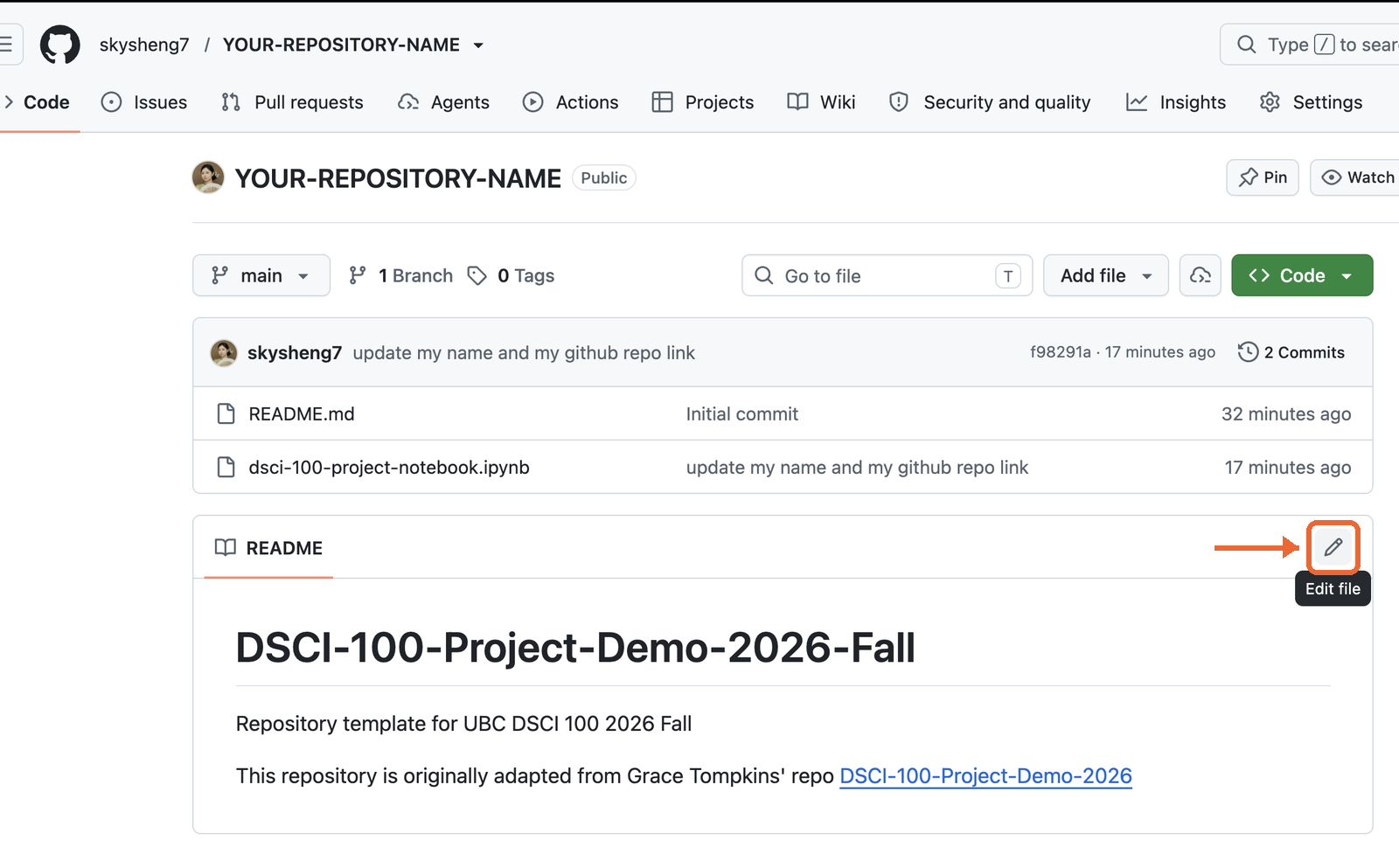The repository's README on GitHub, with the pencil Edit file button highlighted.