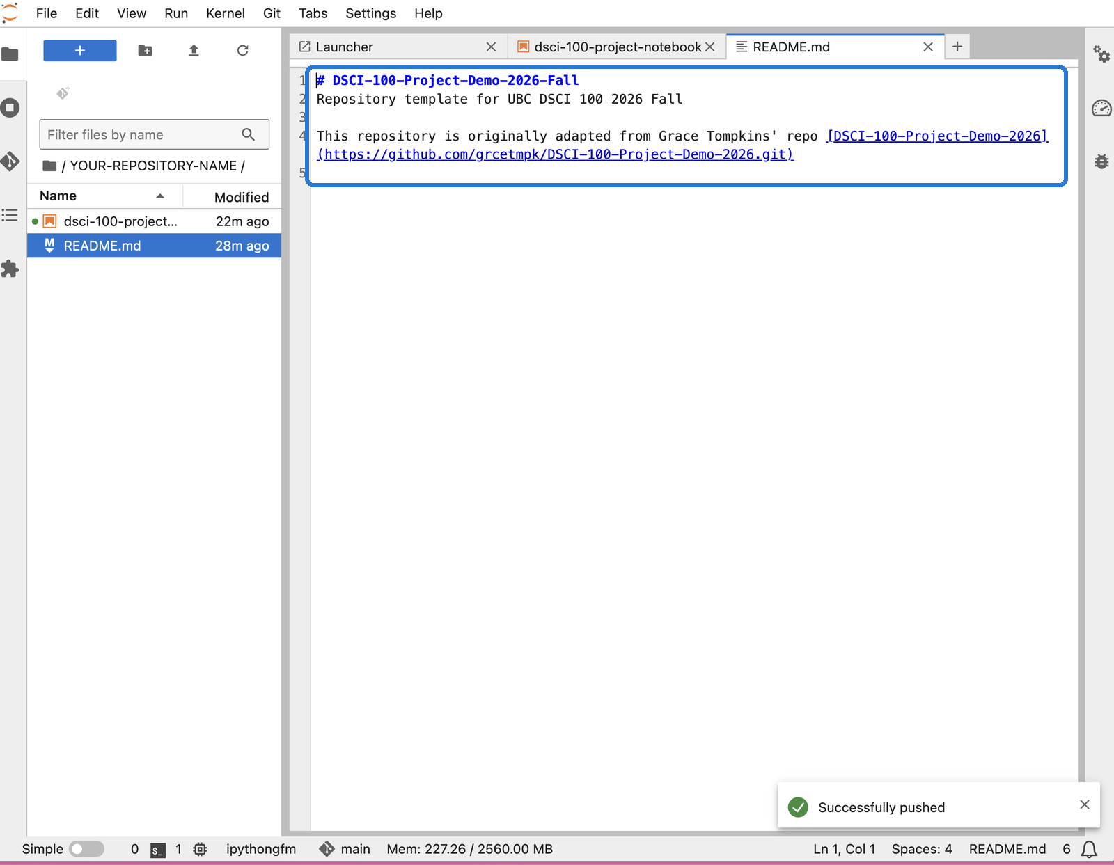 README.md open in JupyterHub without the new sentence.