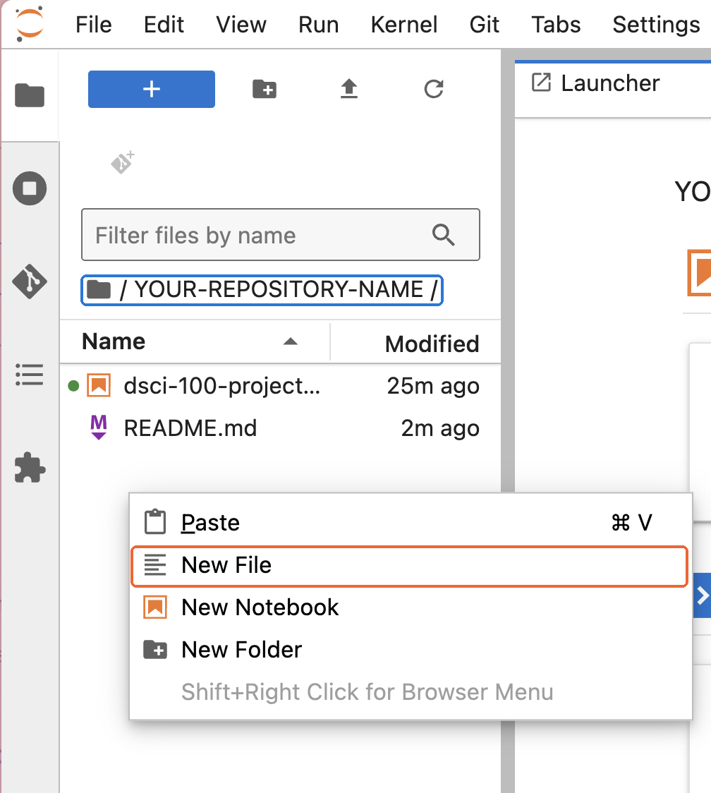 JupyterHub's file browser inside the repository folder, with a right click menu open and New File highlighted.