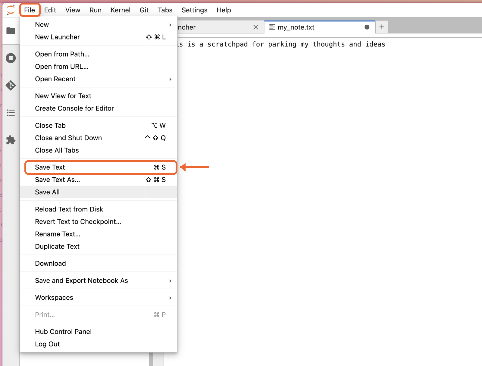 my_note.txt open with one sentence, and the File menu open with Save Text highlighted.
