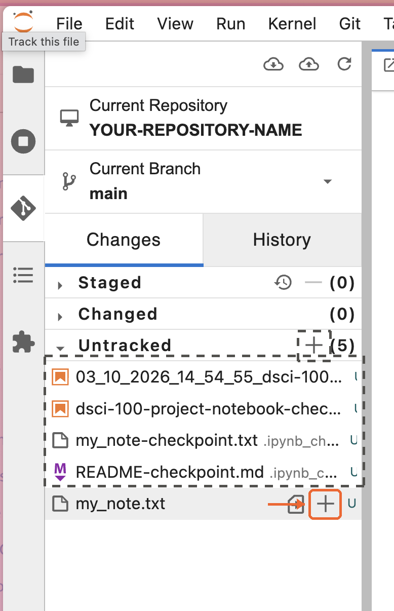 The Git tab with five untracked files. The + next to my_note.txt is highlighted. The + on the Untracked heading and the four backup files are marked to ignore.
