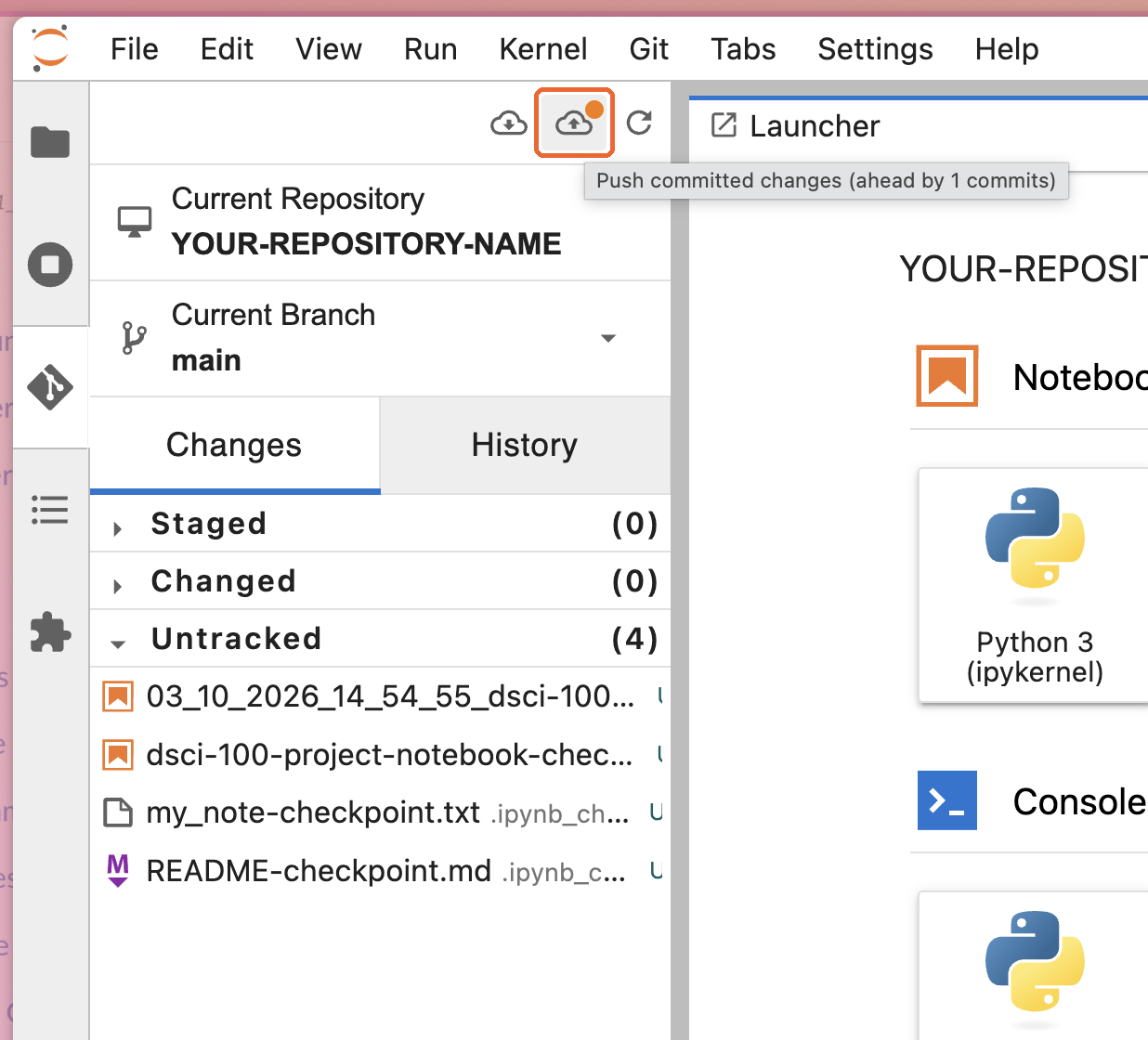 The Git tab with the push button highlighted, and a tooltip saying ahead by 1 commits.